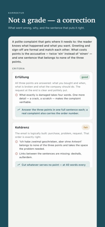 Correction with concrete mistakes and improvements per criterion